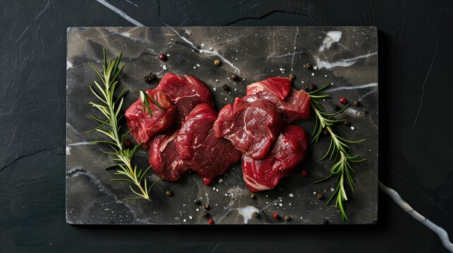 Raw beef veal and kidney offal on marble board with rosemary Overhead view with black background and space for text