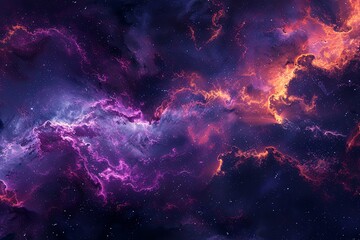 Obraz premium A cosmic landscape with purple and orange nebulae glowing in the dark space. Generative AI