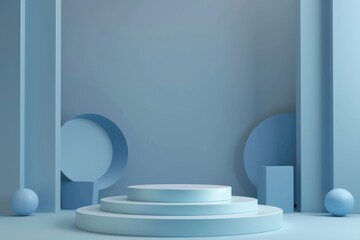 Minimalist blue 3D podium or pedestal for product showcase.  Blank platform with geometric shapes for cosmetic display. Concept of beauty, fashion, and advertising.