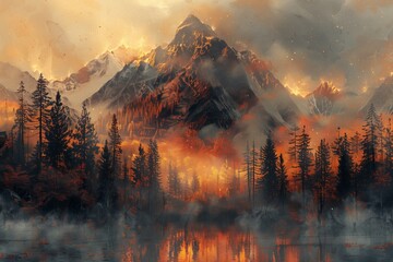Majestic Mountain Range With Silhouettes of Pine Trees Reflecting in a Lake at Sunset