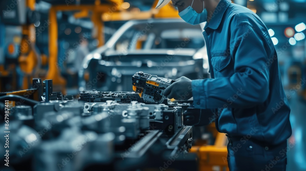 Poster smart industrial worker working and checking mechanic parts at production line in factory by using i