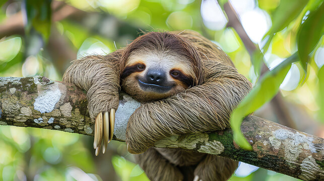 In the lush Rainforest of Costa Rica, a funny sloth hangs on a tree branch, its cute face expressing contentment.