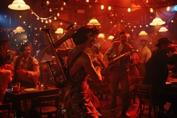 A 1920s themed party with dancing, live music, and colorful lights, capturing the essence of the roaring twenties AIG58
