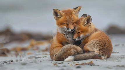 In the scenic beauty of Nova Scotia, Canada, wild baby red foxes cuddle at the beach .