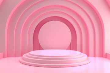 Obraz premium Pink podium stage for product presentation with abstract background. Empty pedestal or platform for cosmetic and fashion showcase. 3D rendering.