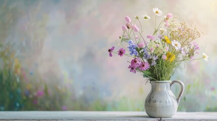A rustic ceramic pitcher filled with vibrant wildflowers against a soft, dreamy background. Perfect for home decor and floral-themed designs.