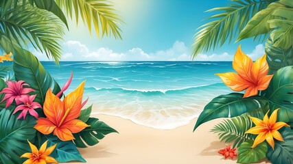 Summer blank banner. background : A stunning illustration of a Summer banner, rendered in intricate digital painting on a glossy, high-gloss medium, boasting vibrant hues and impeccable texture, evoki