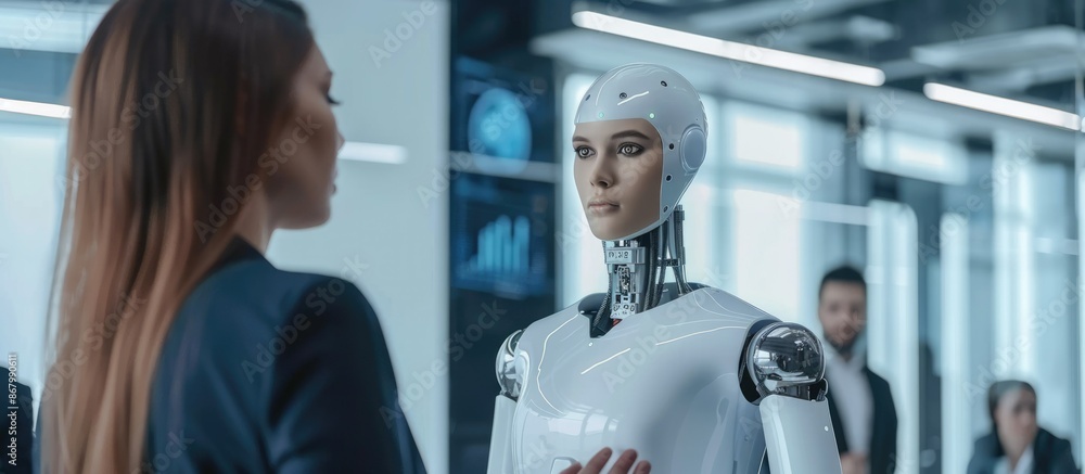 Poster executives engage with ai robots for discussions and planning, fostering collaboration in modern bus