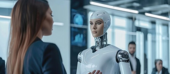 Executives engage with AI robots for discussions and planning, fostering collaboration in modern business settings AIG62