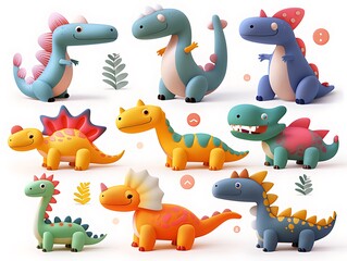 Naklejka premium 3D set dinosaur character with white isolated background