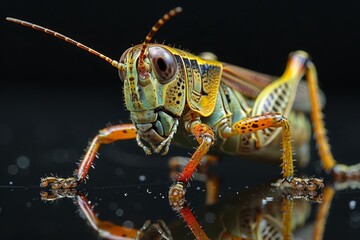 Fototapeta premium Close-Up of a Vibrant Grasshopper on a Reflective Surface