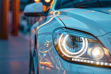 Macro view of car headlight of modern white car