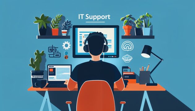 IT Support helpdesk and user assistance workflow with free copy space - Powered by Adobe