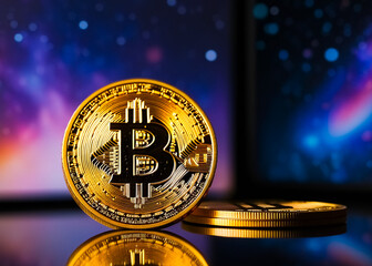 Digital currency bitcoin in the galaxies background. Generative AI