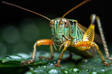 Green Grasshopper on Dew-Covered Leaf