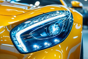 Macro view of car headlight of modern yellow car