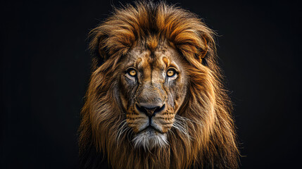 Fototapeta premium The Lion King stands majestically against a dramatic black backdrop, its golden mane radiating regal power. This captivating image encapsulates the essence of the iconic and powerful lion.