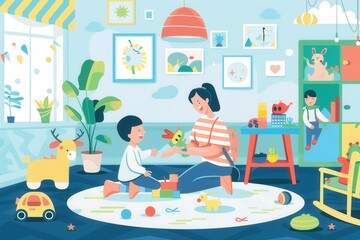 Obraz premium A mother and her young child play on the floor in a cozy kitchen, surrounded by toys and playful decor. Generative AI