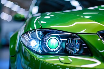 Macro view of car headlight of modern green car