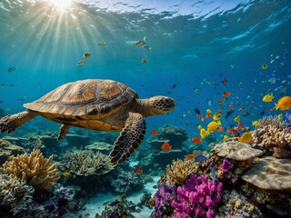 Obraz premium a green sea turtle swimming gracefully above a colorful coral reef teeming with fish.
