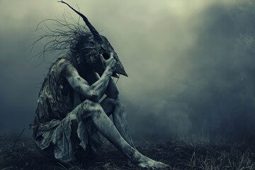 Fototapeta premium Forlorn creature with bird-like mask sits among dreary misty surroundings
