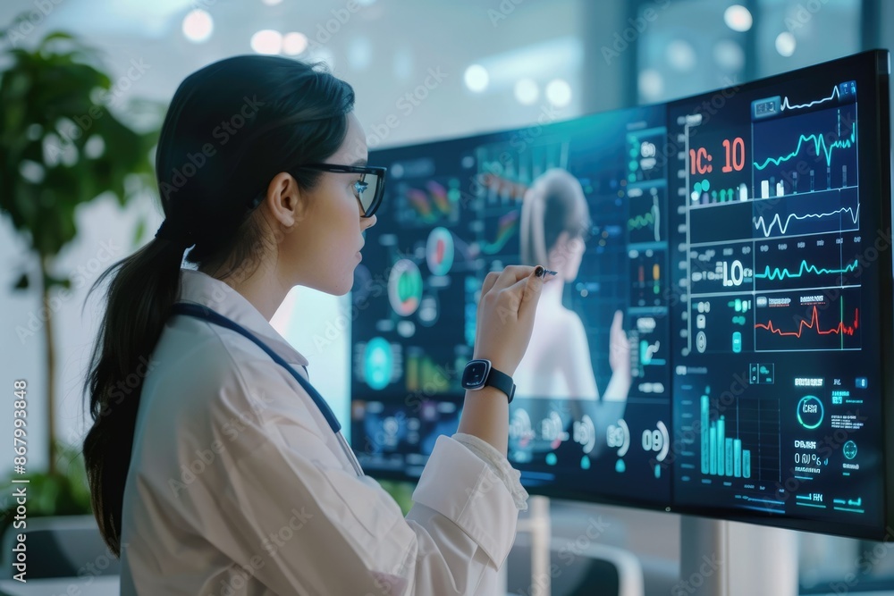 Poster a woman is immersed in advanced data analysis using ai and tech, studying intricate brain and body v