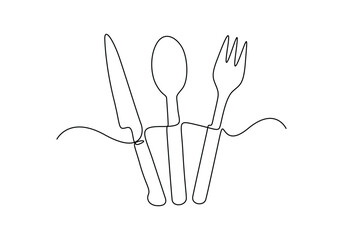Spoon fork and knife continuous one line drawing vector illustration