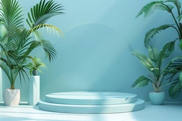 Empty blue podium with tropical plants for product placement in minimalist studio scene with sunlight. 3D rendering of blank platform for cosmetics, skincare, or beauty products.
