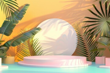 Empty pink podium backdrop surrounded by tropical leaves and sunset background. Concept of summer, vacation, cosmetics product display, showcase.