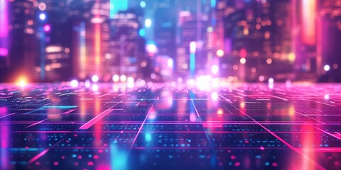 Fototapeta premium Neon landscape of virtual internet technologies from the future with bokeh effect