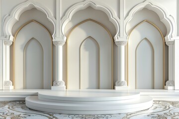 Fototapeta premium Elegant white podium against an Islamic architectural background with arches and golden accents. Perfect for showcasing products or brands during Ramadan or Eid.