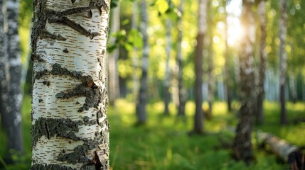 Birch tree trunk with distinct bark texture on front birch forest in background