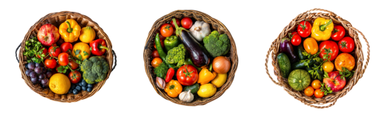 Set of baskets full with healthy fruits and vegetables, isolated on transparent background