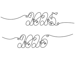 Hand lettering continuous line Dates 2025 2026 with hearts and flowers in minimalist style. Set of 2