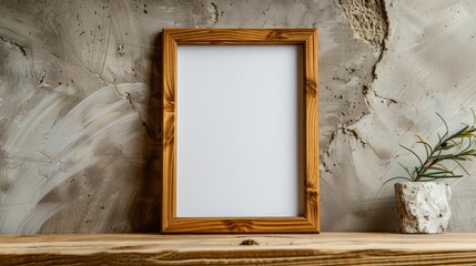 Fototapeta premium Empty wooden frame on wooden table with interior design and space for text