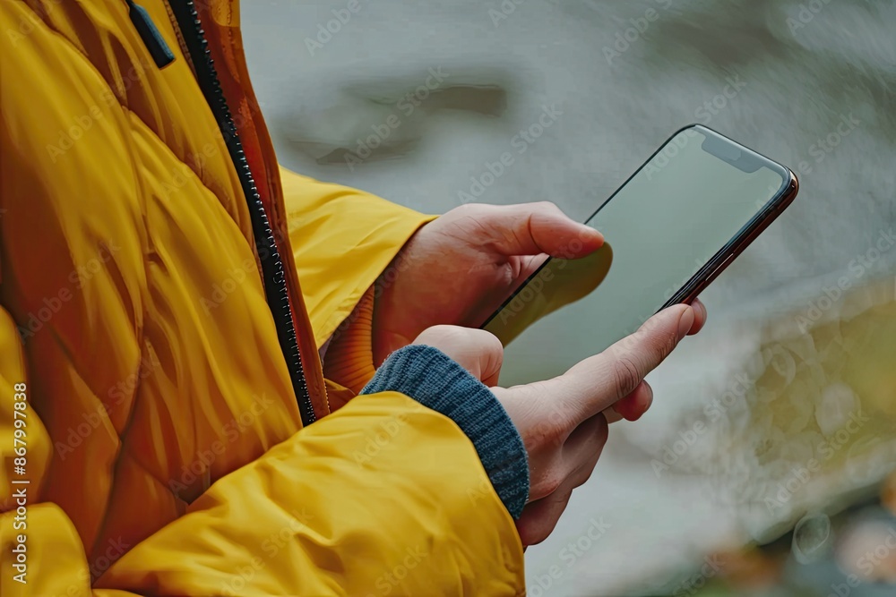 Poster close-up of hand holding a cell phone with an empty screen.