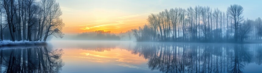 Obraz premium Beautiful panoramic view of foggy sunrise over lake with trees in winter, reflections on water, orange and blue color palette 