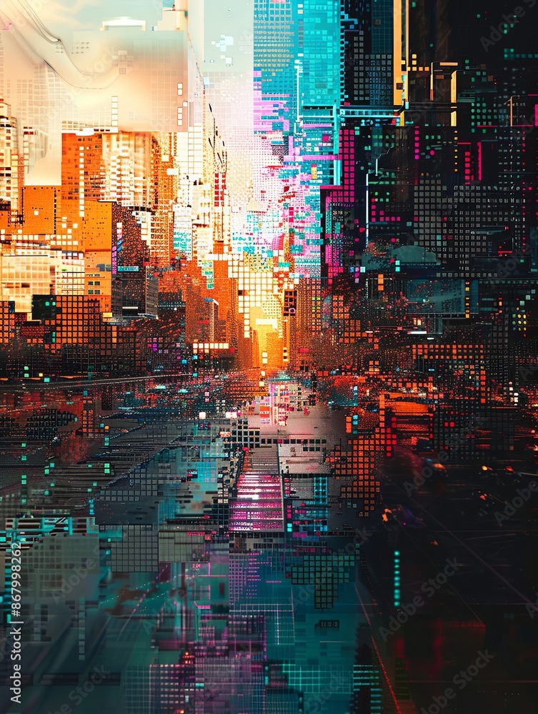 Poster a digital cityscape with a grid pattern and neon lights. generative ai