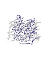 handrawn fishing logo illustration, grunge with text brave and fishing