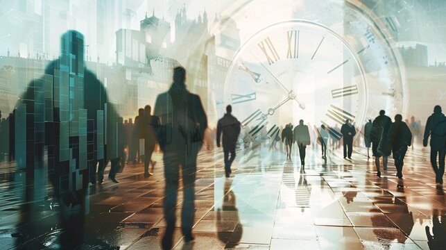 Business people walking in city with clock. Concept of time management. Double exposure.