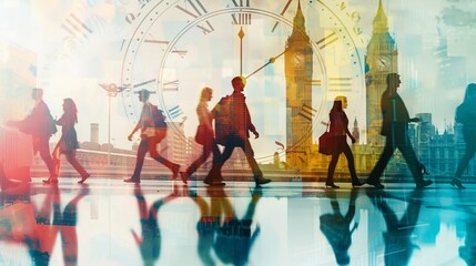 Business people walking in city with clock. Concept of time management. Double exposure.