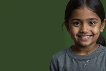 Fototapeta premium Indian girl with smile on her face next to empty space on dark geen background. Beautiful young woman in a studio with place for advertising text.