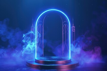 Futuristic Neon Portal with Smoke and Stage