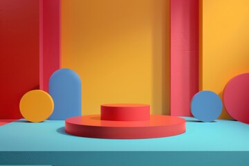 Vibrant 3D rendering of a double-tiered red podium on turquoise stage with colorful geometric shapes. Ideal backdrop for showcasing products, brands, or designs.