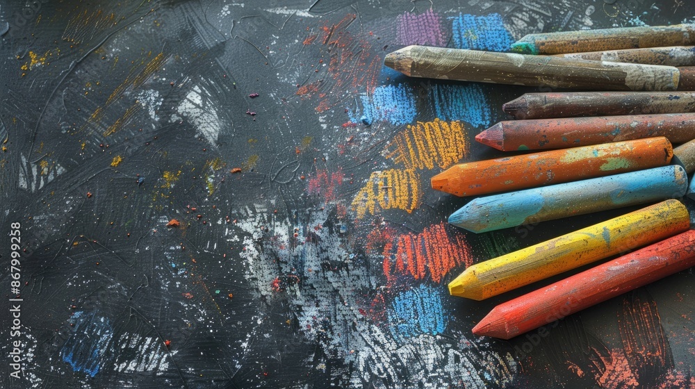 Poster colored chalk on black slate for creating space