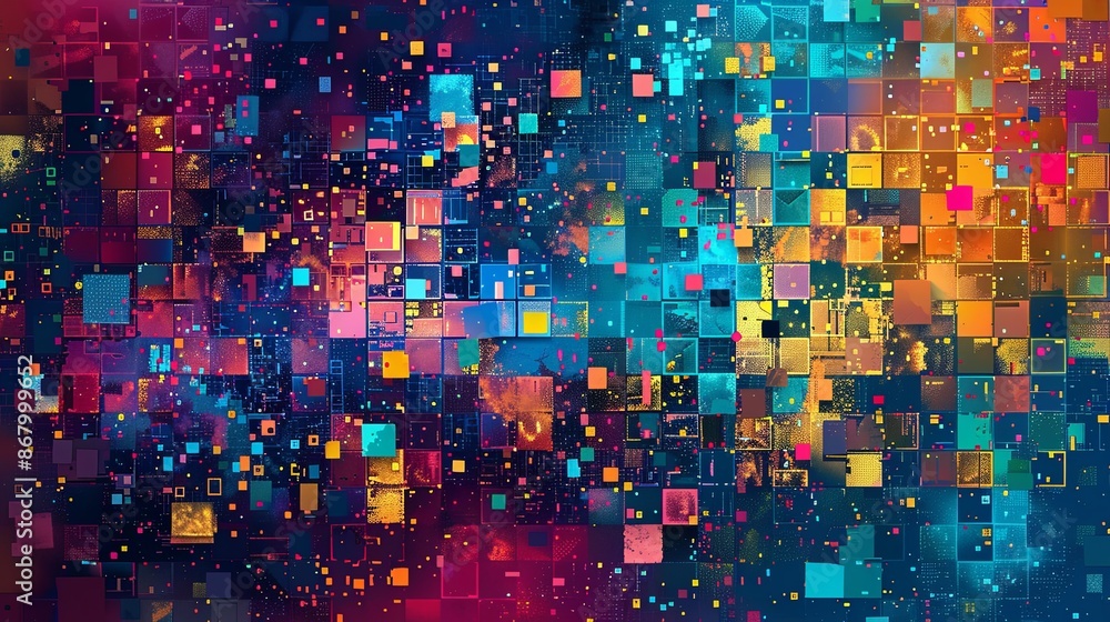 Poster a vibrant digital artwork featuring an array of colorful squares on a blue background. generative ai