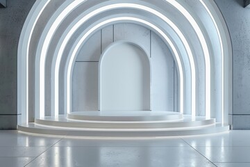 Modern white empty podium stage with arch and neon light for product presentation. Concept of exhibition, showcase, display, and platform