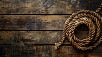 Fototapeta premium Paper background with coiled ship rope on wood texture