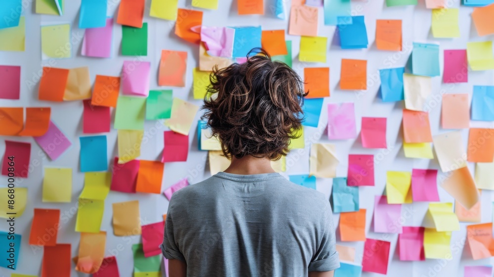 Poster creative brainstorming session with colorful sticky notes on wall
