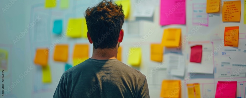 Poster creative designer brainstorming with paper prototypes and notes in office studio